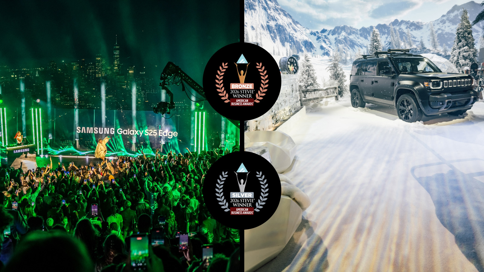 Samsung Galaxy S25 Edge concert and snowy Jeep set with two 2026 Stevie Award badges