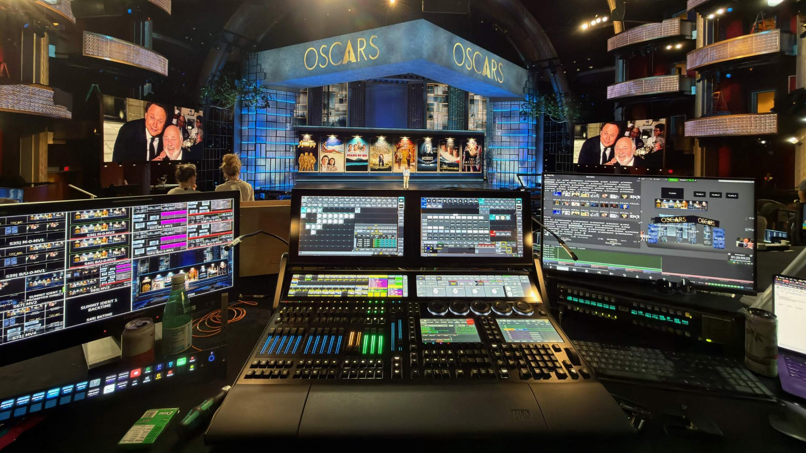 Broadcast control desk facing the Oscars stage during live show preparation