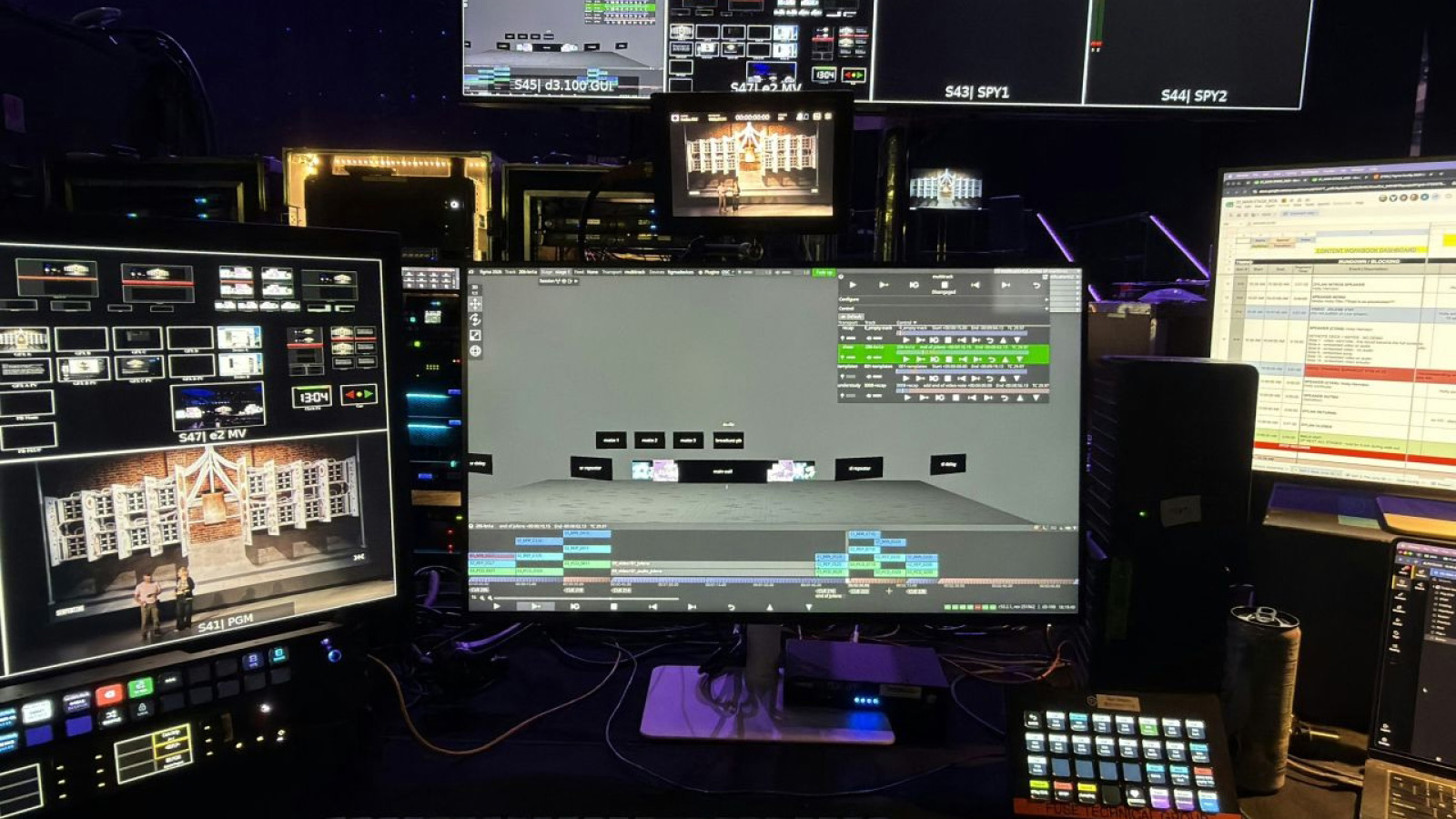 Show-control station with multiple monitors and a 3D stage previz for screens producing