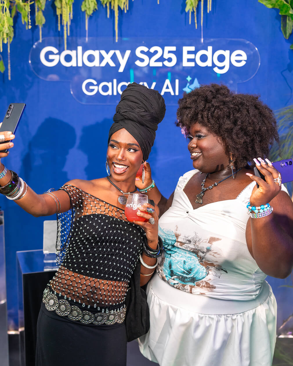 Two guests taking a selfie at the Samsung Galaxy S25 Edge launch activation