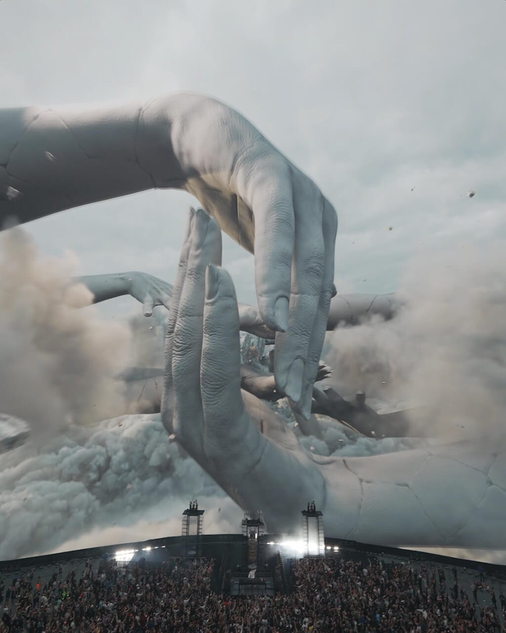 Giant sculptural hands rendered across The Sphere's dome above the crowd at John Summit