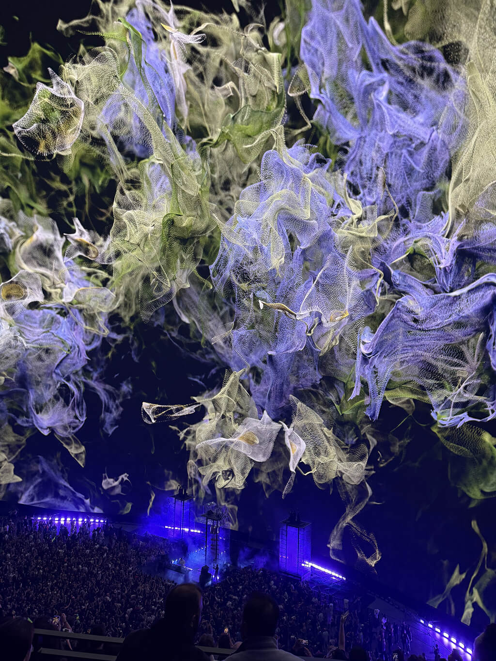 Purple and green wireframe flowers filling The Sphere dome above John Summit's crowd
