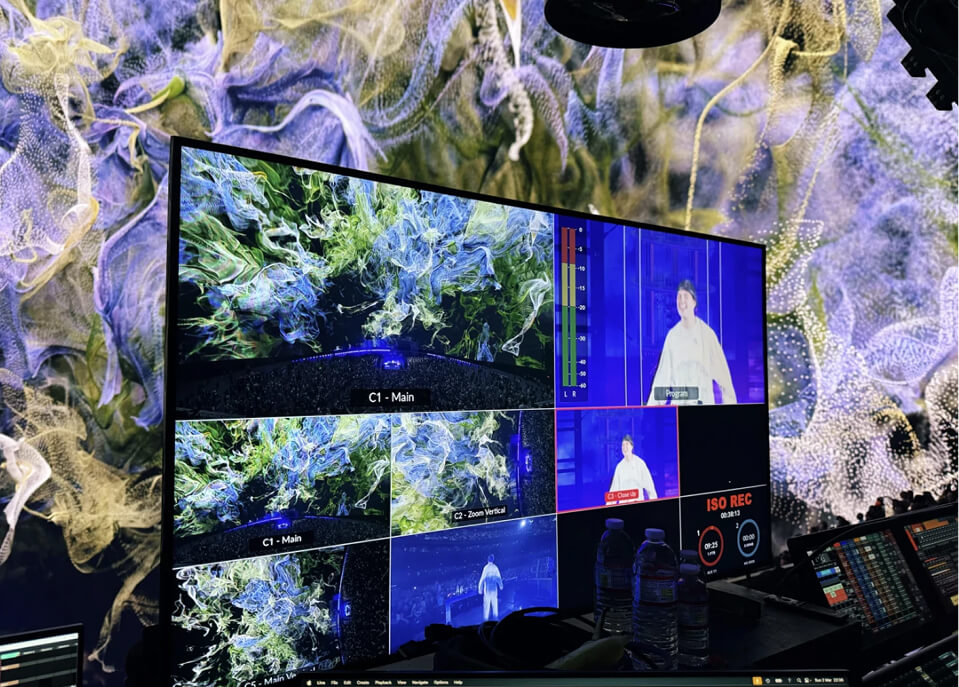 Broadcast multiview monitor at the video control desk during John Summit at The Sphere