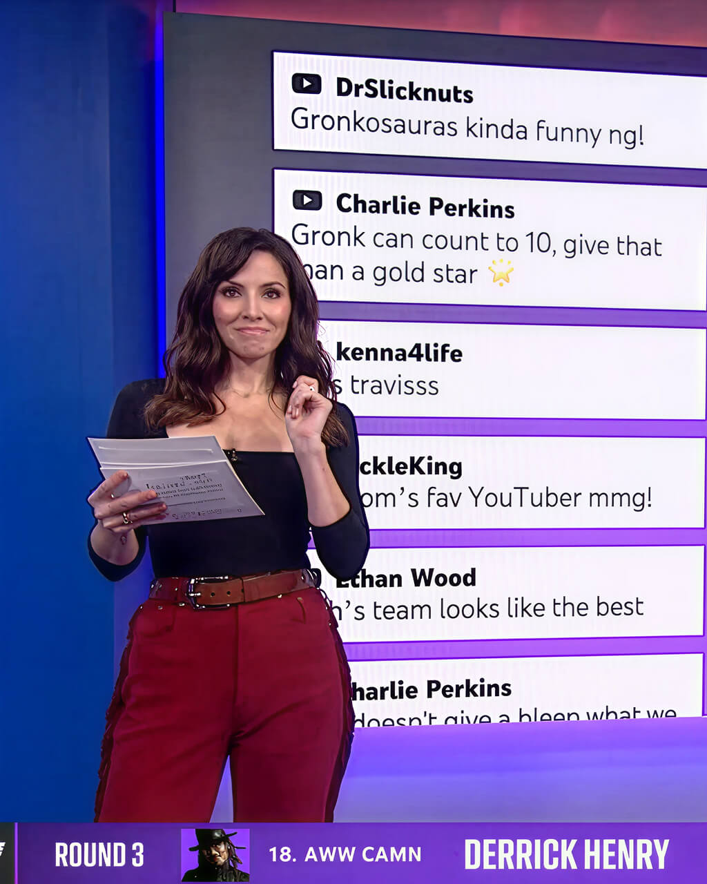 Host reads viewer comments on screen during the NFL Ultimate Fantasy Draft broadcast